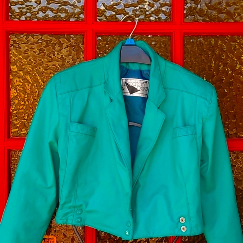 Turquoise Green Cropped Jacket Leather Y2K